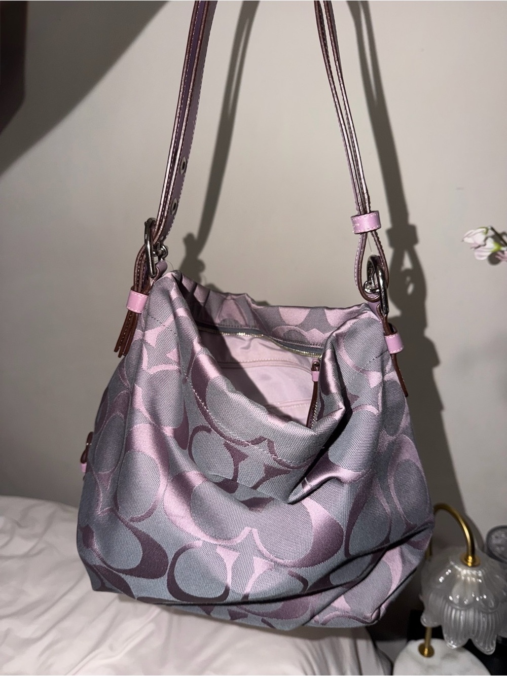 Coach Pink and Gray Signature Hobo Shoulder Bag